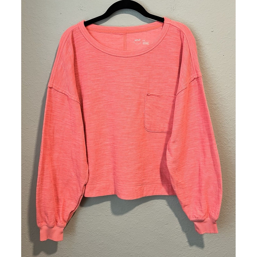 Aerie Women's Endless Summer Crew Distressed Sweatshirt Medium Pink Tropadelic